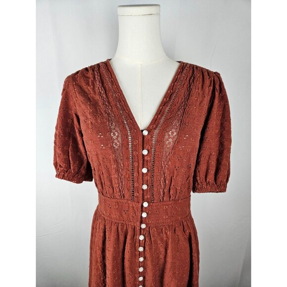 Gap Smoked Paprika Brown Eyelet Lace Maxi Dress Small Romantic Prairie Boho - Picture 4 of 14